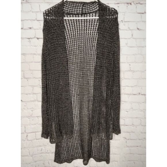 Eileen Fisher Open Knit Hi/Low Open Front Duster Cardigan Women Size M Brown Met